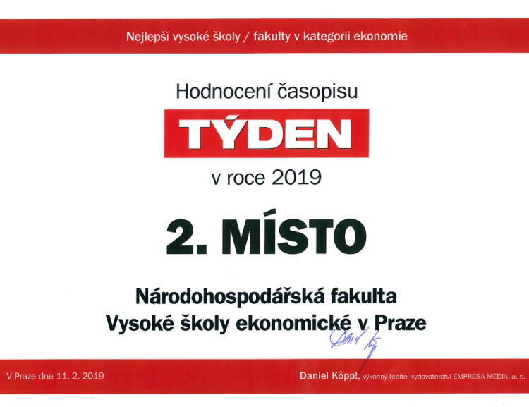 Hodnoceni časopisu TÝDEN: Národohospodářská fakulta opět na stupních vítězů